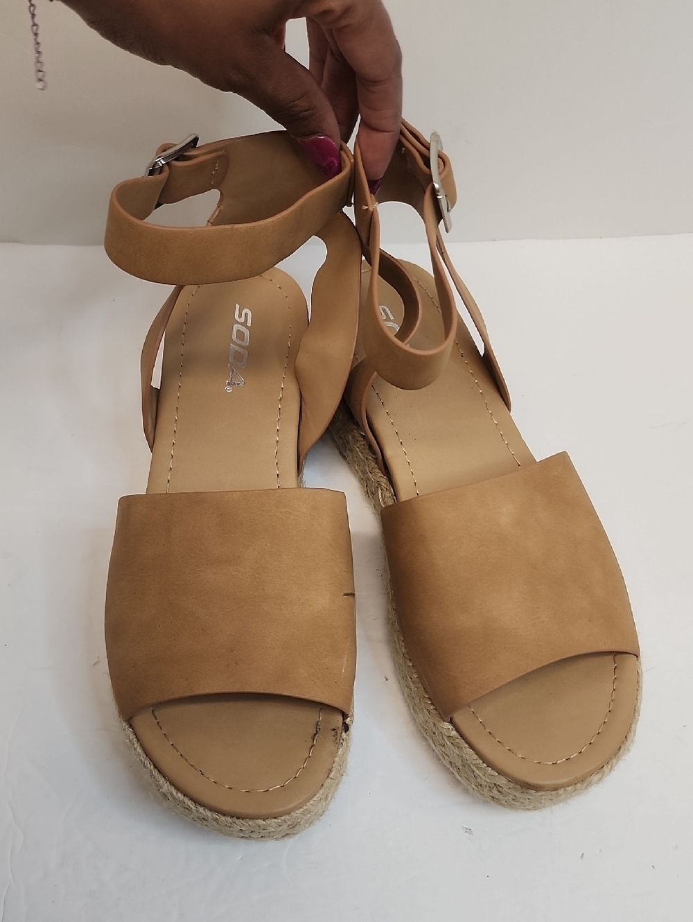 Soda Tan Espadrille Platform Sandals Ankle Strap Jute Sole Size 9
